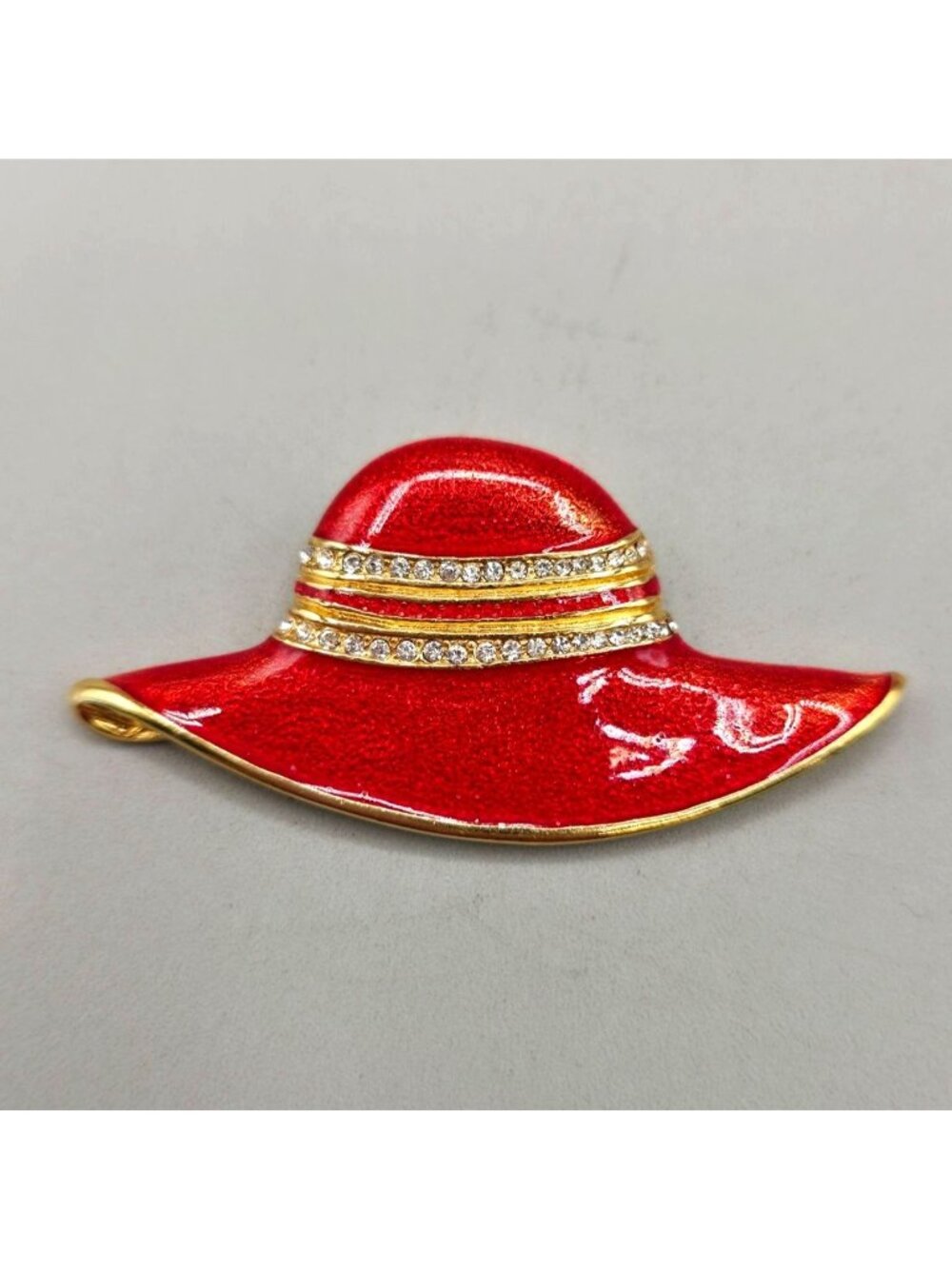 Vintage Red Hat Society Brooch Pin Red Enamel Rhinestone Gold Tone 2"